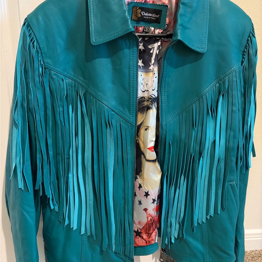 Teal Fringe Leather Jacket